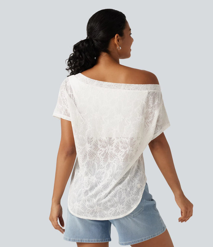 One Shoulder Short Sleeve Built-in Bra Curved Hem High Low Lace Casual Top