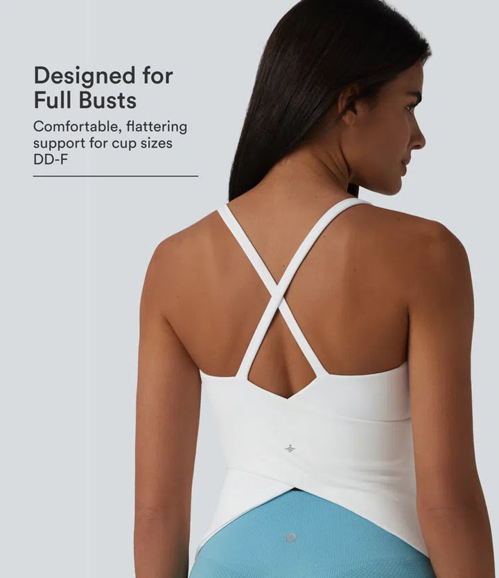 Scoop Neck Crisscross Back Crossover Hem Built-in Bra Yoga Cami Top DD-F Cups