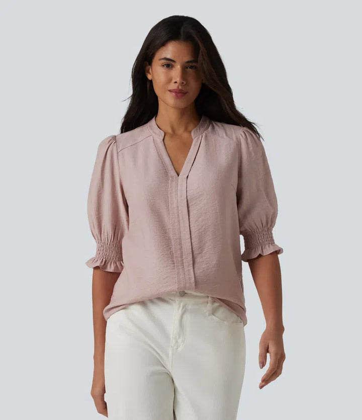 V Neck Puff Short Sleeve Casual Blouse