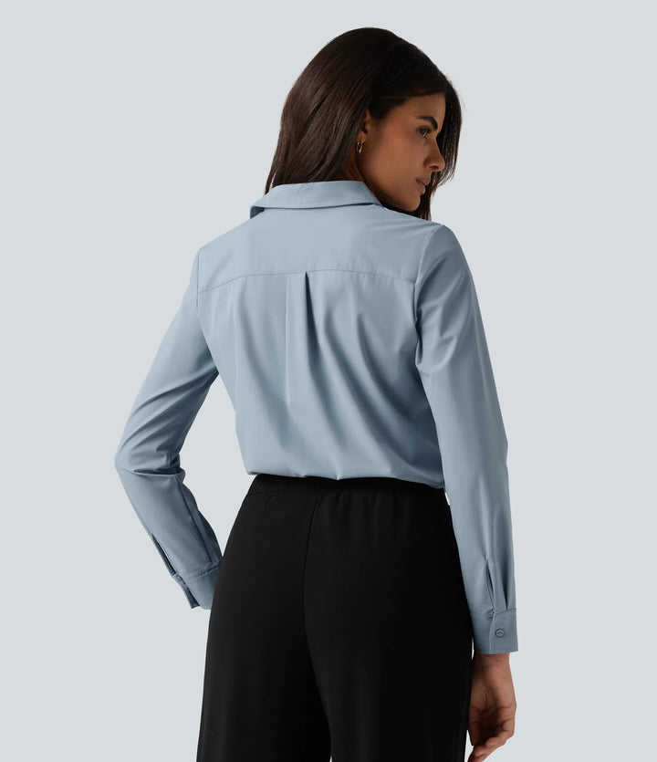 Collared Long Sleeve Curved Hem Work Shirt