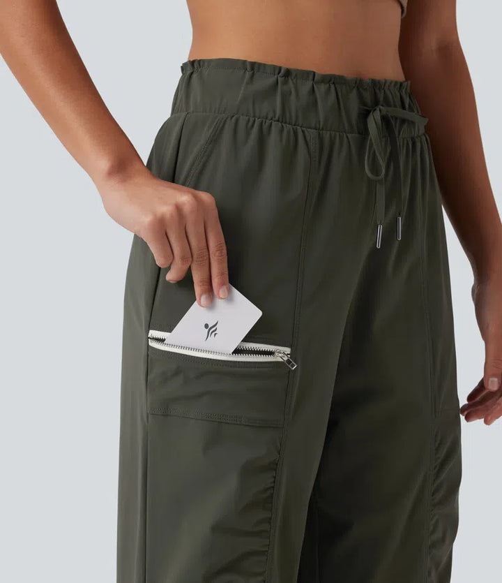 Mid Rise Drawstring Ruched Tapered Quick Dry InstantCool Running Joggers with Pockets-UPF40+
