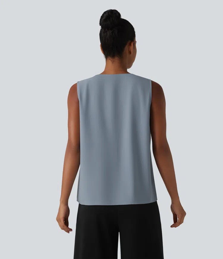 Wrinkle Recovery V Neck Sleeveless Oversized Work Blouse
