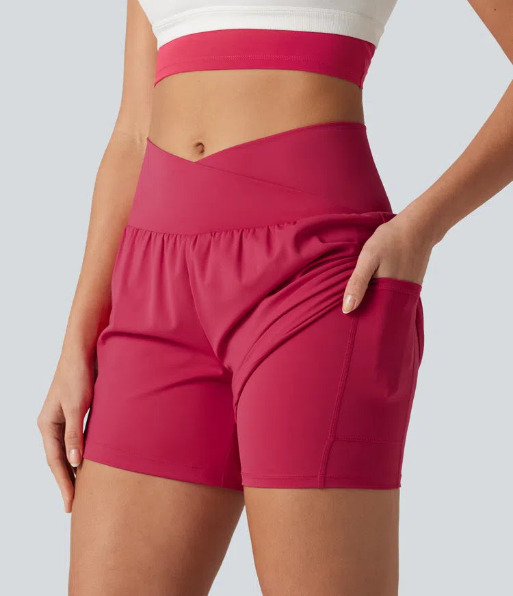 SoftlyZero Airy Crossover High Waisted 2-in-1 InstantCool Yoga Shorts 5&