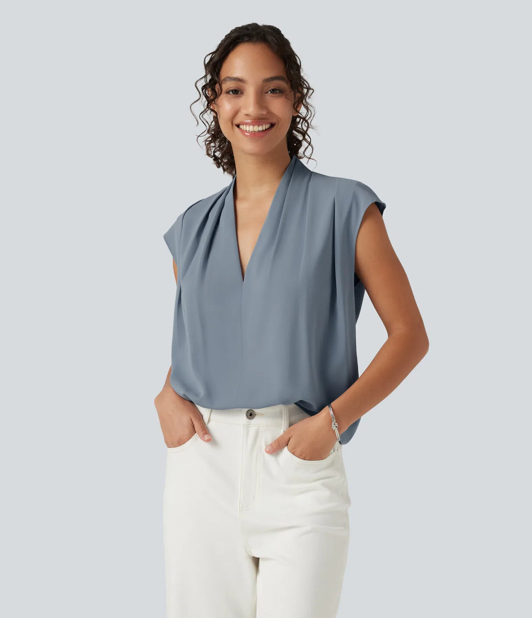 Wrinkle Recovery V Neck Sleeveless Ruched Boxy Casual Blouse