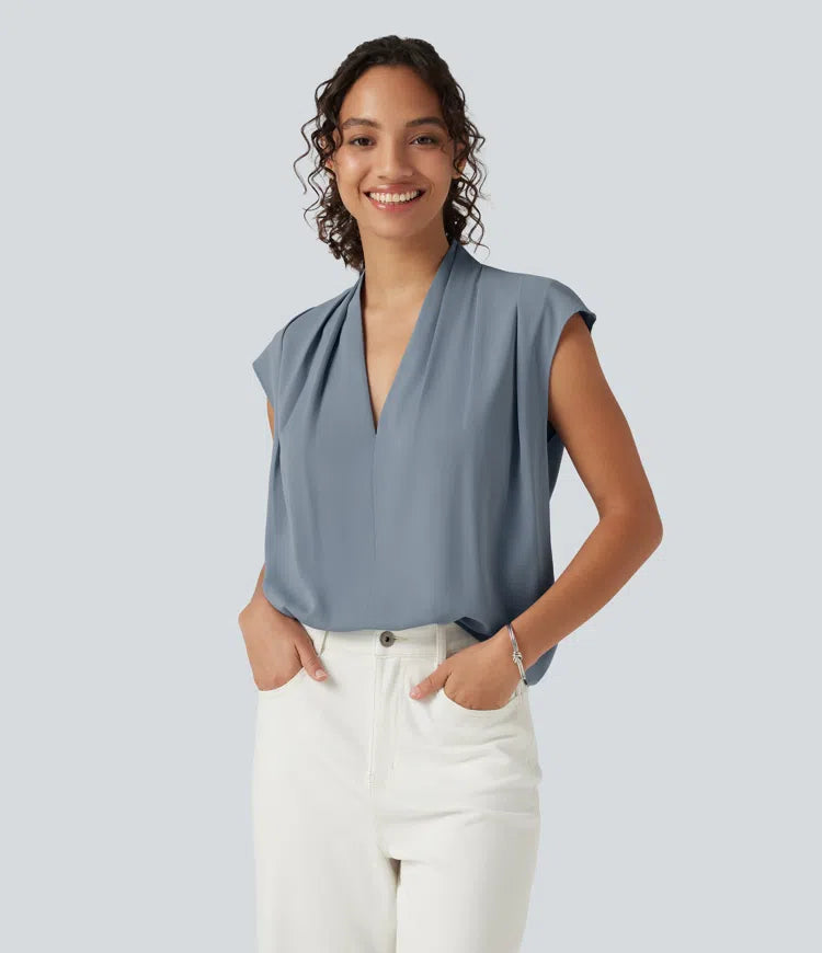 Wrinkle Recovery V Neck Sleeveless Ruched Boxy Casual Blouse