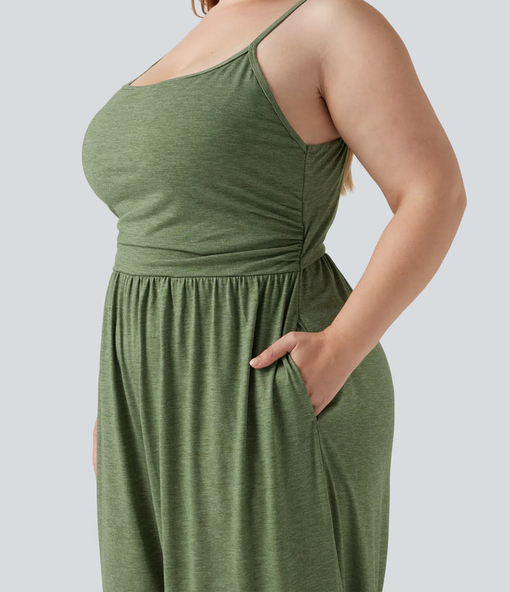 Plus Size Built-in Bra Ruched Wide Leg Heathered Casual Jumpsuit with Pockets-Easy Peezy Edition