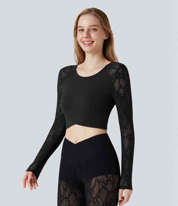 SoftlyZero Contrast Lace Crossover Hem Long Sleeve Cropped Yoga Sports Top