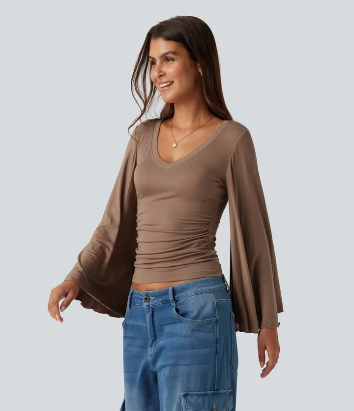 Ribbed V Neck Flounce Sleeve Ruched Casual T-Shirt