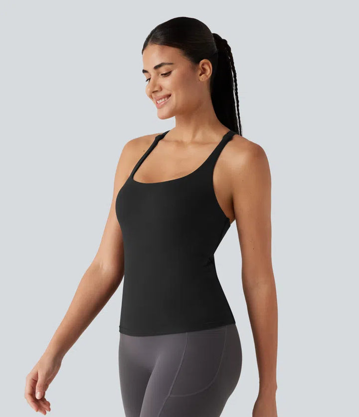 Crisscross Backless Built-in Bra Running Tank Top-Longer Length A-D Cups