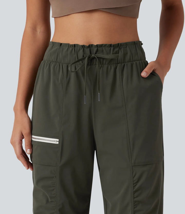 Mid Rise Drawstring Ruched Tapered Quick Dry InstantCool Running Joggers with Pockets-UPF40+