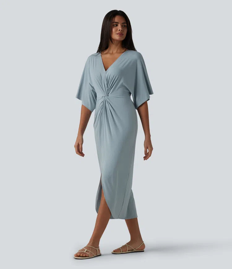V-neck Batwing Sleeve Twisted Tulip Hem Midi Casual Dress
