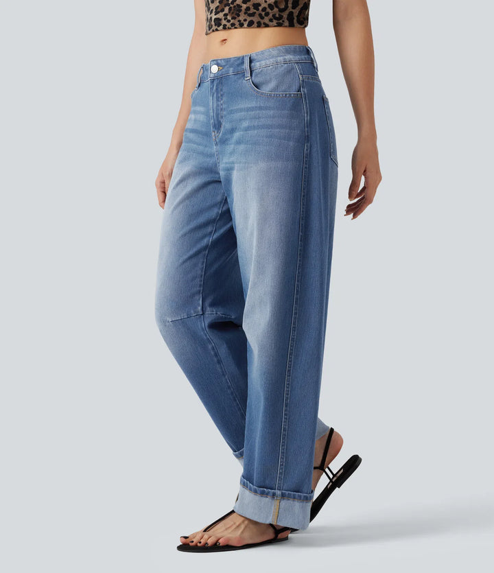 Halara Flex Low Rise Rolled Hem Casual Barrel Leg Jeans with Pockets