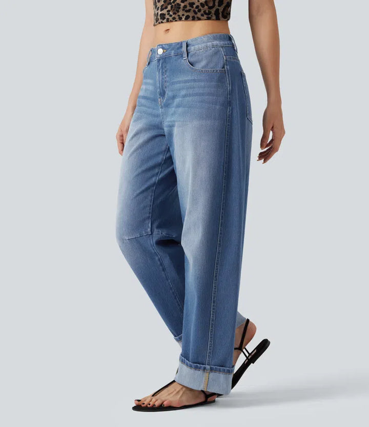 Halara Flex Low Rise Rolled Hem Casual Barrel Leg Jeans with Pockets
