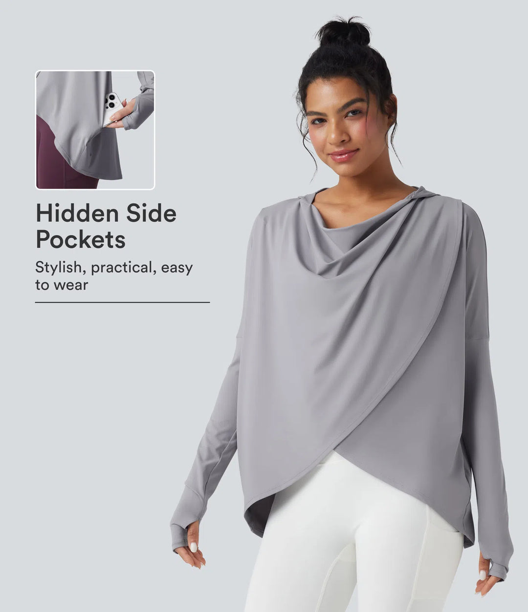 Hooded Cowl Neck Long Sleeve Thumb Hole Yoga Sports Top with Pockets