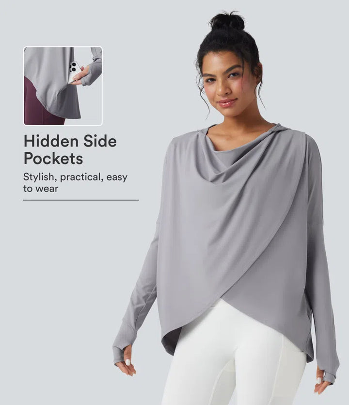 Hooded Cowl Neck Long Sleeve Thumb Hole Yoga Sports Top with Pockets