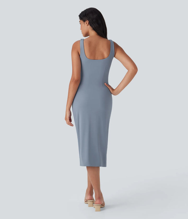 SoftlyZero Airy Square Neck Corset Ruched Bodycon Midi InstantCool Dress DD-F Cups