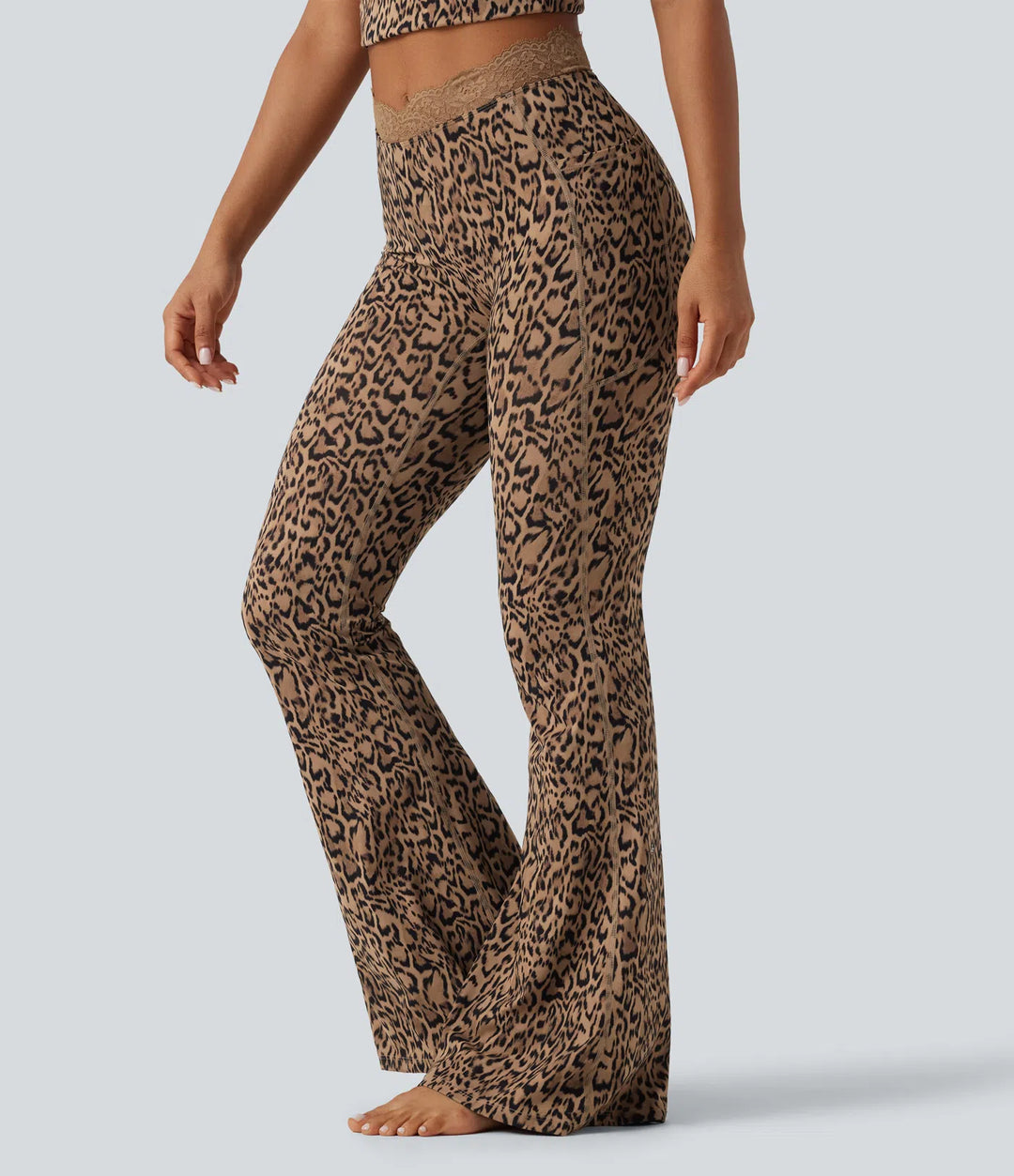 Halara UltraSculpt Leopard Print V-Shaped High Waisted Contrast Lace Yoga Flare Leggings with Pockets