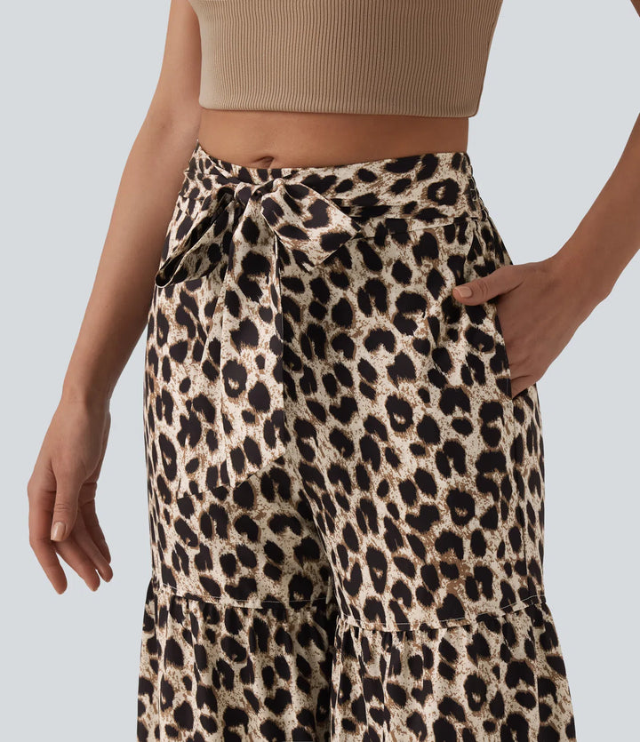 Mid Rise Tie Front Baggy Leopard Print Casual Pants with Pockets