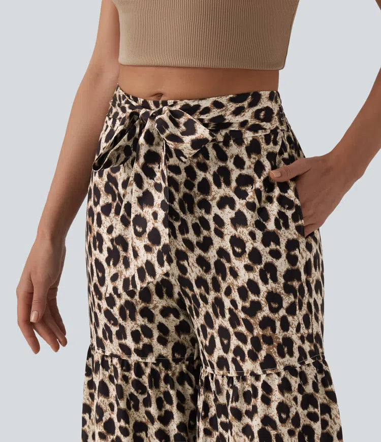 Mid Rise Tie Front Baggy Leopard Print Casual Pants with Pockets