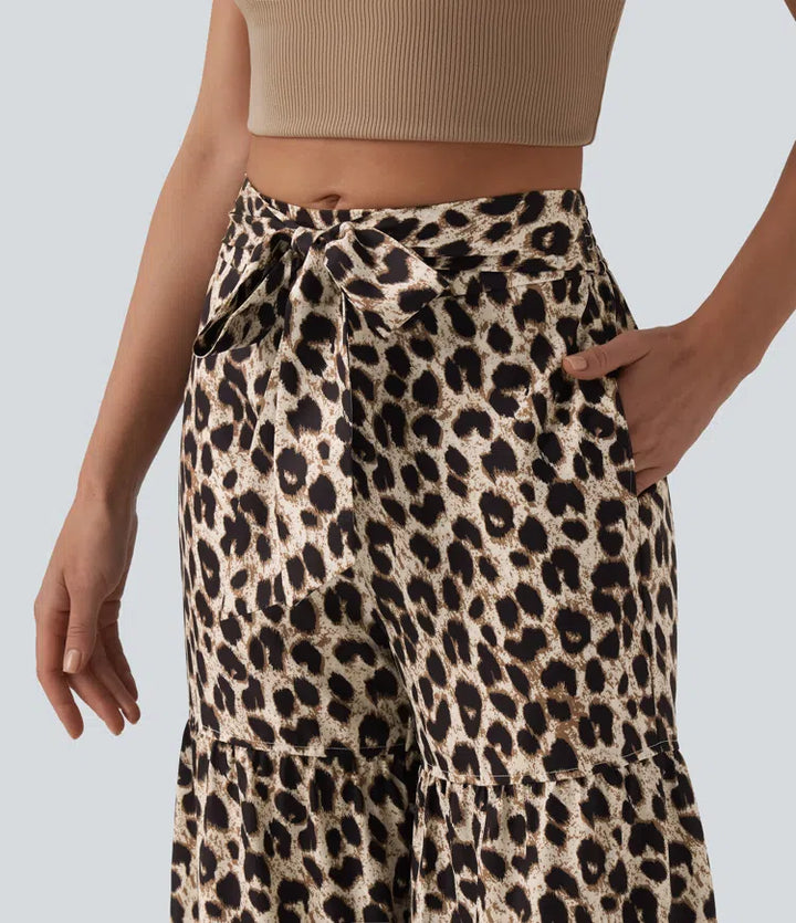 Mid Rise Tie Front Baggy Leopard Print Casual Pants with Pockets
