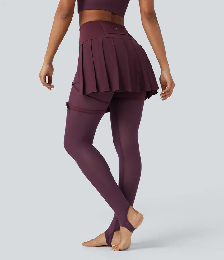 Breezeful High Waisted Pleated 2-in-1 Contrast Mesh Quick Dry Dance Stirrup Skirted Leggings with Pockets