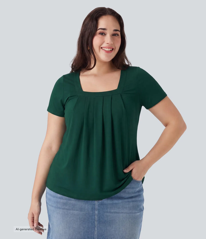 Plus Size Square Neck Short Sleeve Casual Blouse