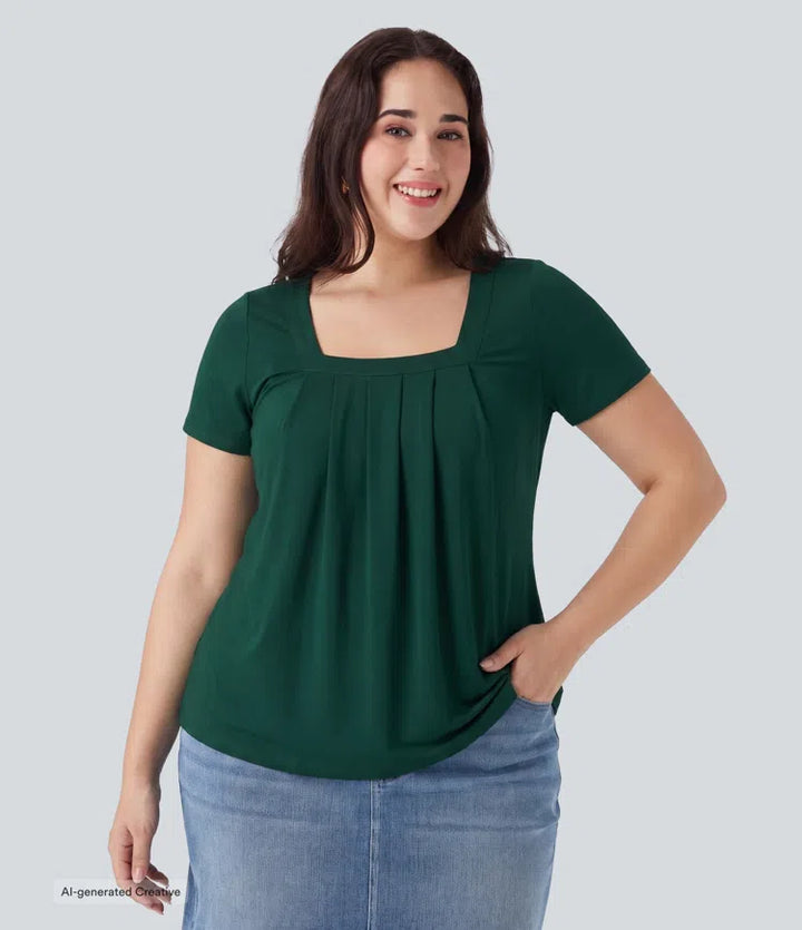Plus Size Square Neck Short Sleeve Casual Blouse