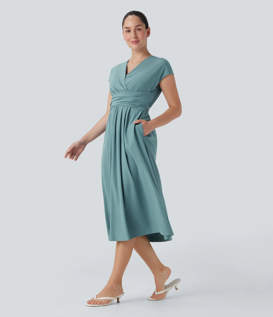 Breezeful V Neck Short Sleeve Pocket Tie Back Quick Dry Midi Casual Dress