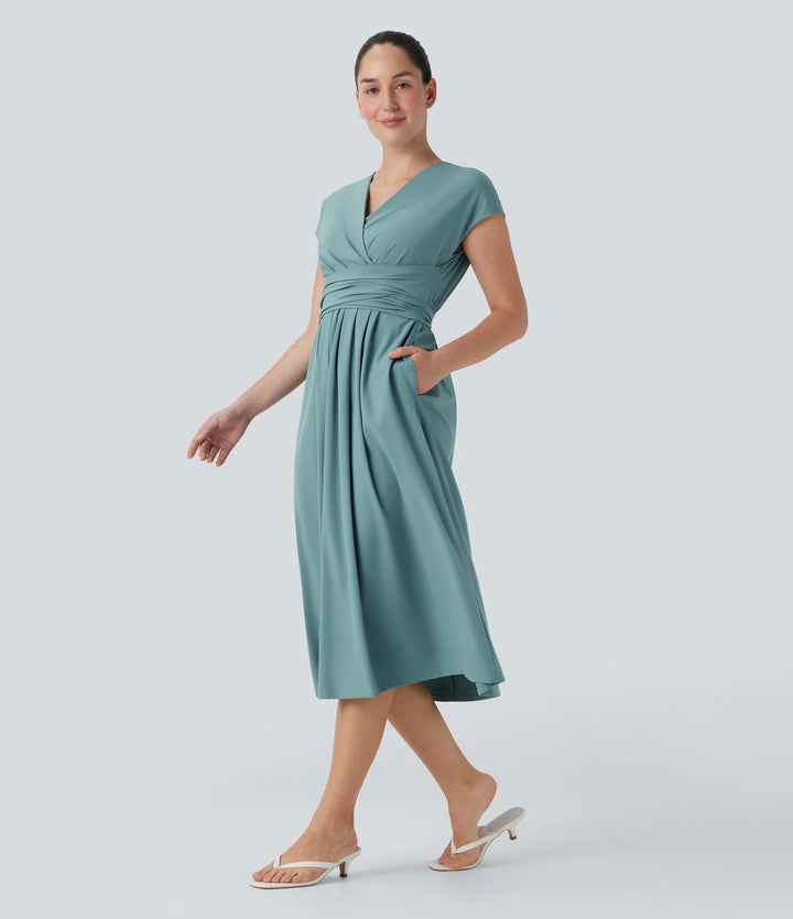 Breezeful V Neck Short Sleeve Pocket Tie Back Quick Dry Midi Casual Dress