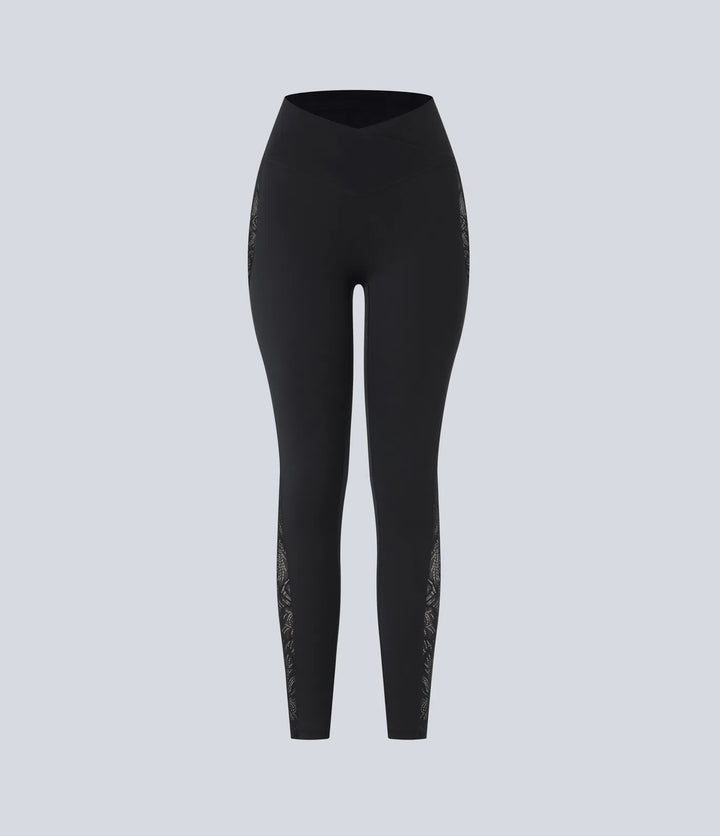 SoftlyZero High Waisted Crossover Contrast Lace Pocket Yoga Leggings
