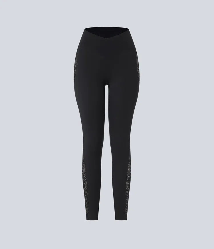 SoftlyZero High Waisted Crossover Contrast Lace Pocket Yoga Leggings