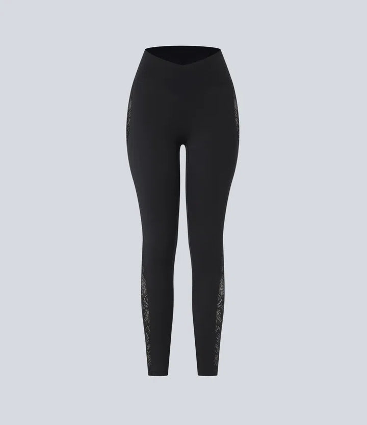 SoftlyZero High Waisted Crossover Contrast Lace Pocket Yoga Leggings