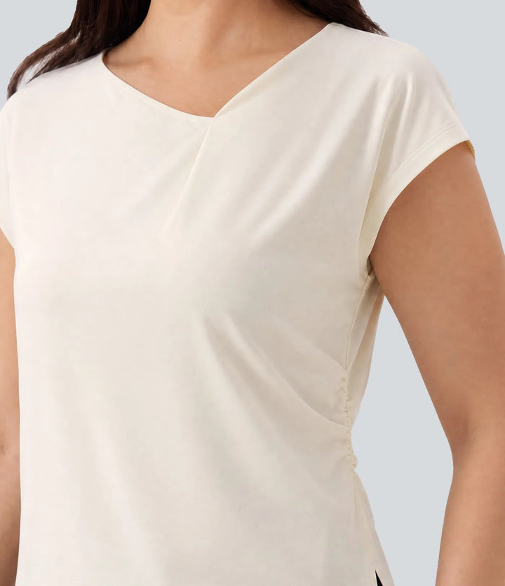 Plus Size Asymmetric Cowl Neck Short Sleeve Ruched Split Hem Work Blouse