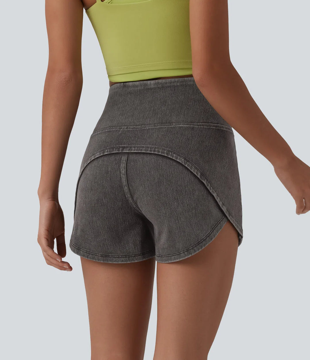 Halara Flex High Waisted Tummy Control Curved Hem Skinny Denim Casual Shorts with Pockets