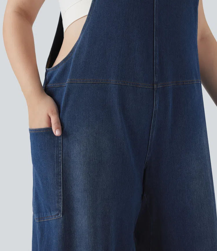 Halara Flex V Neck Washed Denim Casual Plus Size Overalls with Pockets