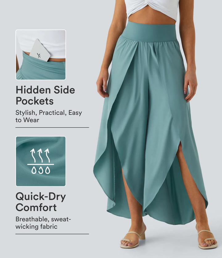 Breezeful High Waisted Back Waistband Pocket Palazzo Flowy Wide Leg Quick Dry Casual Pants