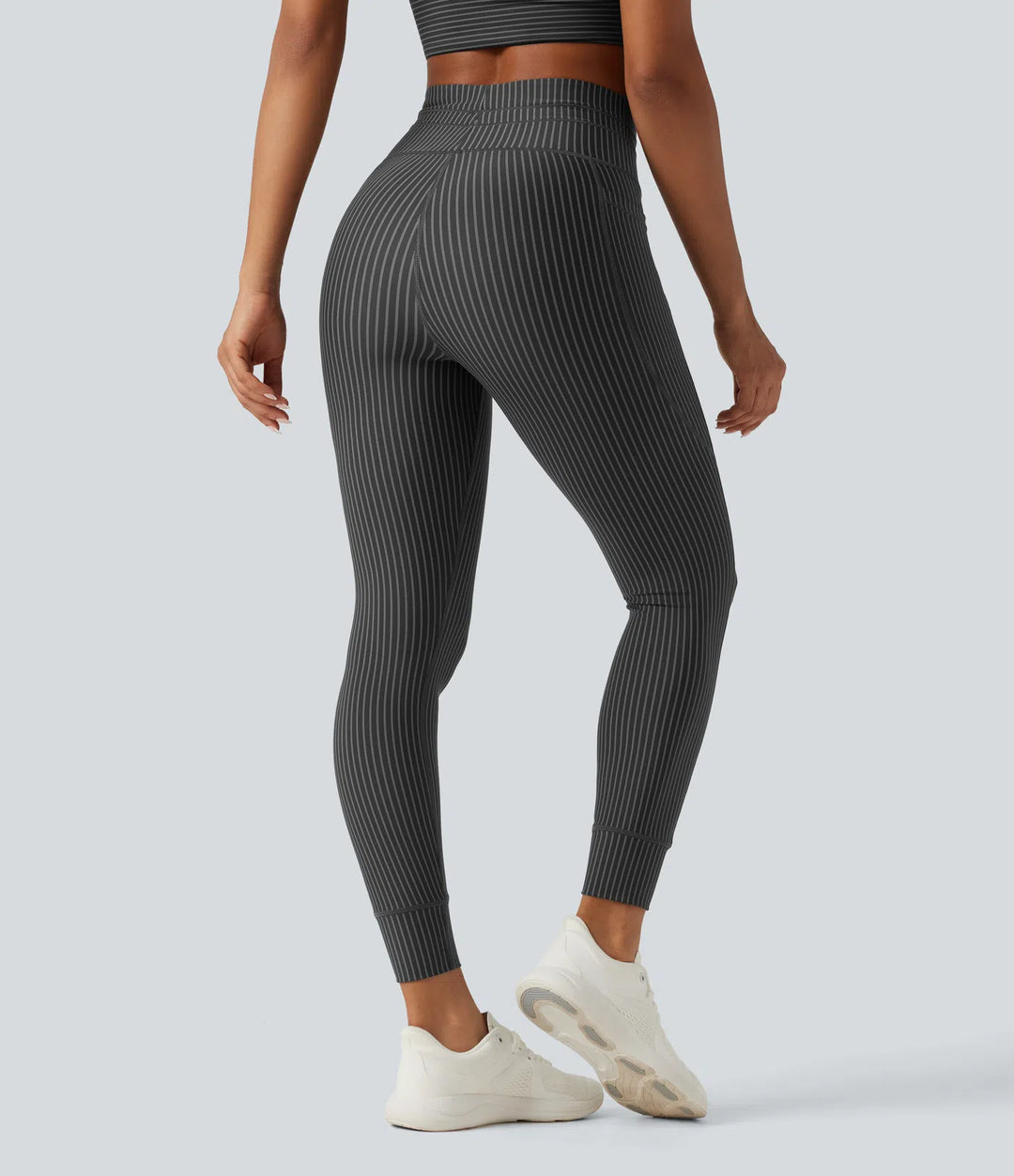 High Waisted Drawstring Stripe Yoga Leggings with Pockets