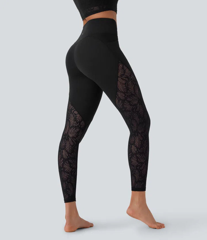 SoftlyZero High Waisted Crossover Pocket Contrast Lace 7/8 Yoga Leggings