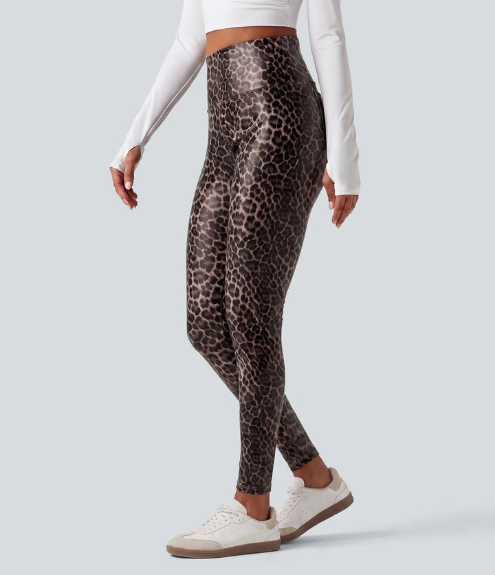 High Waisted Tummy Control Stretchy PU Leopard Print Skinny Casual Leggings with Pockets