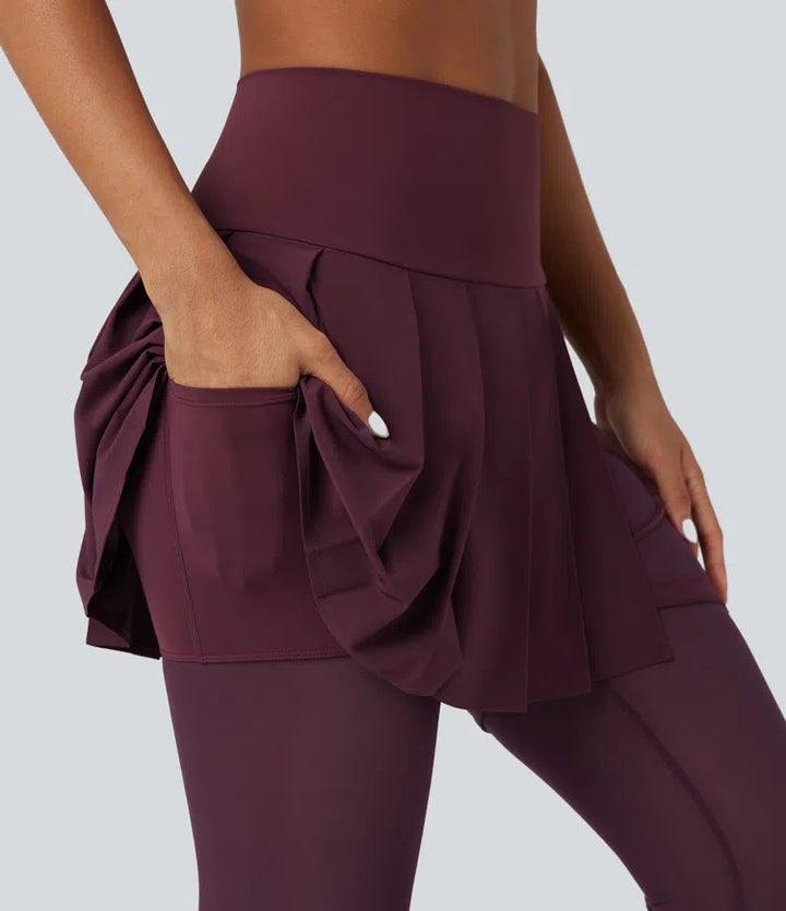Breezeful High Waisted Pleated 2-in-1 Contrast Mesh Quick Dry Dance Stirrup Skirted Leggings with Pockets