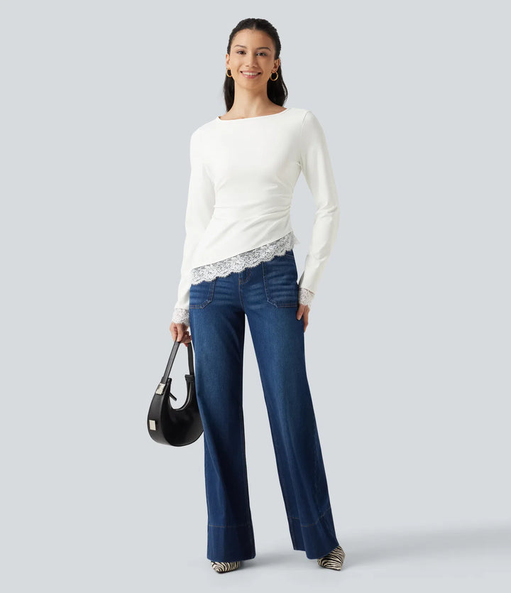 Boat Neck Long Sleeve Contrast Lace Asymmetric Hem Casual Top