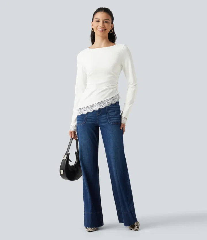 Boat Neck Long Sleeve Contrast Lace Asymmetric Hem Casual Top