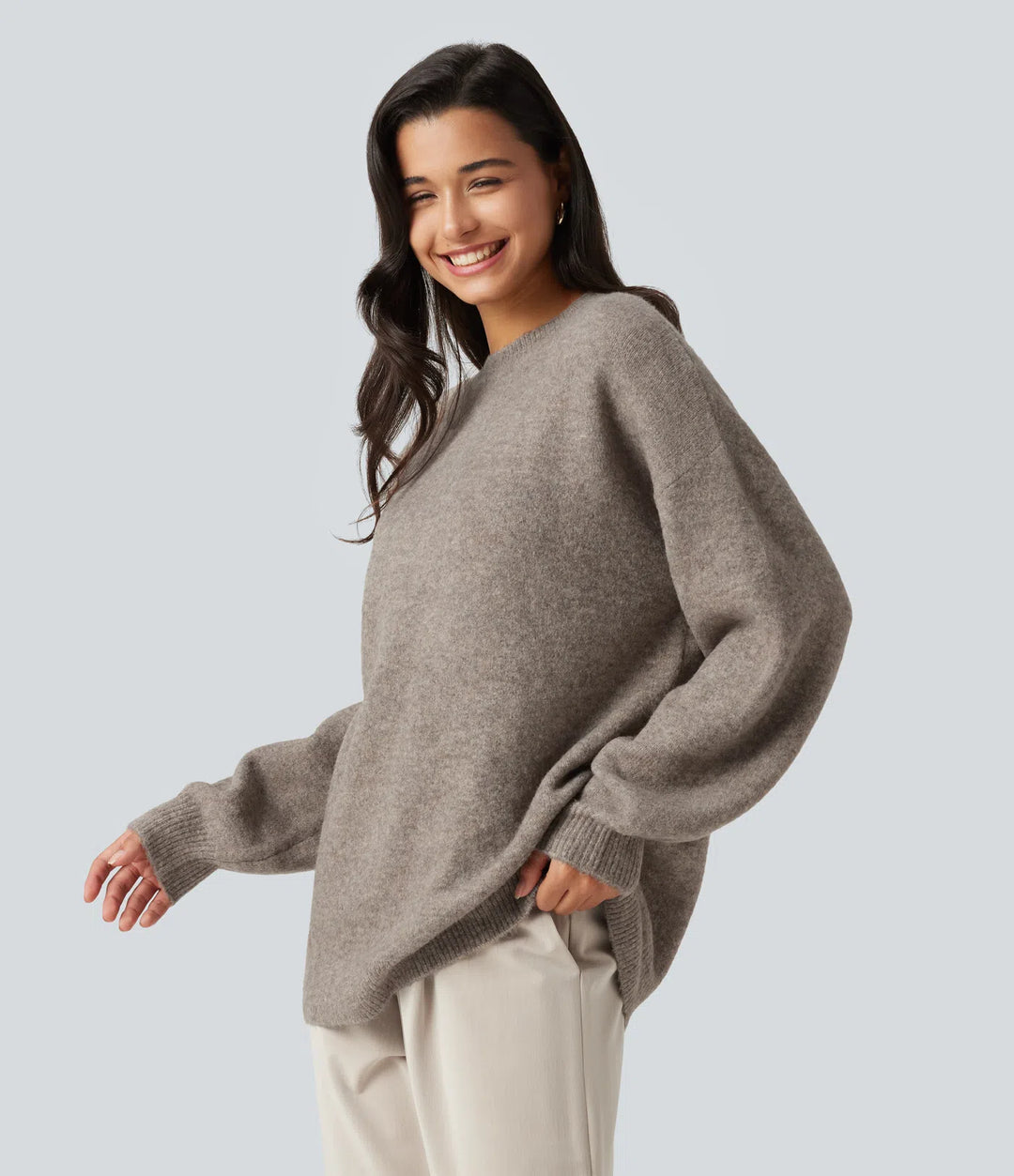 Round Neck Dropped Long Sleeve Work Wool-Blend Sweater