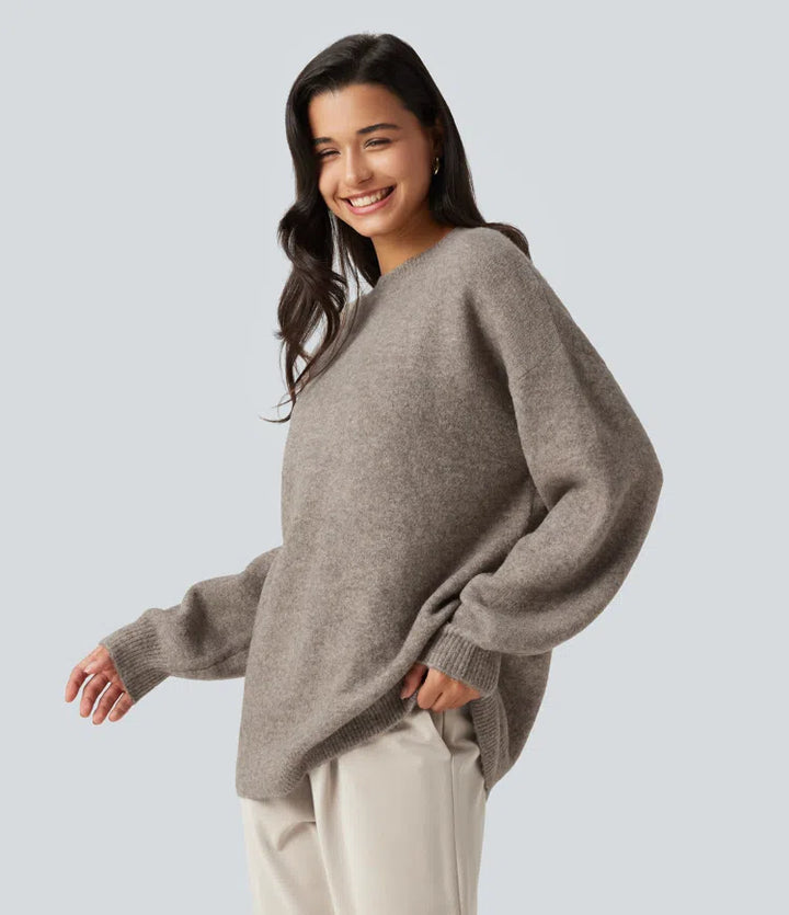 Round Neck Dropped Long Sleeve Work Wool-Blend Sweater