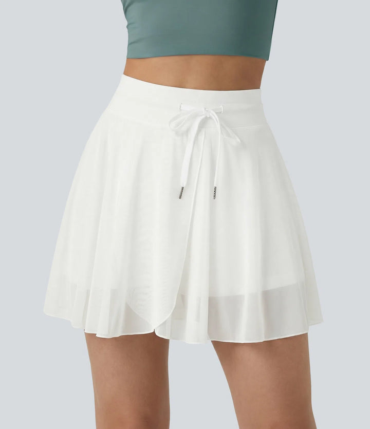High Waisted Drawstring Contrast Mesh 2-in-1 Pocket Flowy Mini Flare Casual Skirt-Longer Length