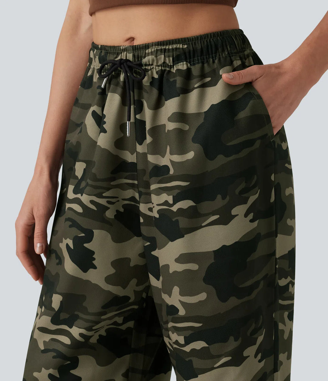 Mid Rise Drawstring Camo Casual Cargo Baggy Pants with Pockets