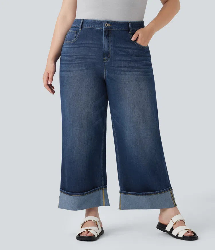 Plus Size Halara Flex High Waisted Wide Leg Rolled Hem Washed Stretchy Knit Casual Jeans with Pockets