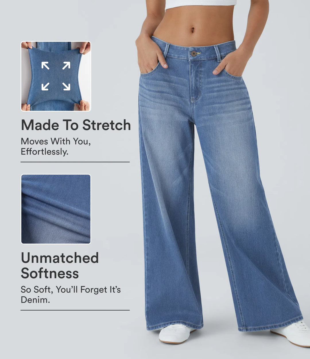 Halara Flex Low Rise Zipper Pockets Washed Baggy Wide Leg Casual Jeans