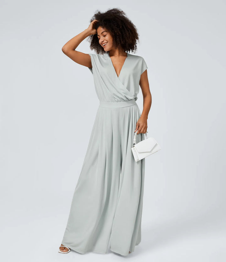 V Neck Short Sleeve Side Pocket Wide Leg Flowy Waffle Casual Jumpsuit