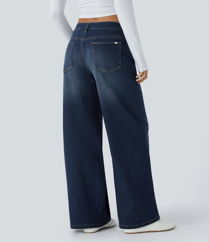 Halara Flex Asymmetric Low Rise Zipper Pockets Baggy Wide Leg Washed Casual Jeans